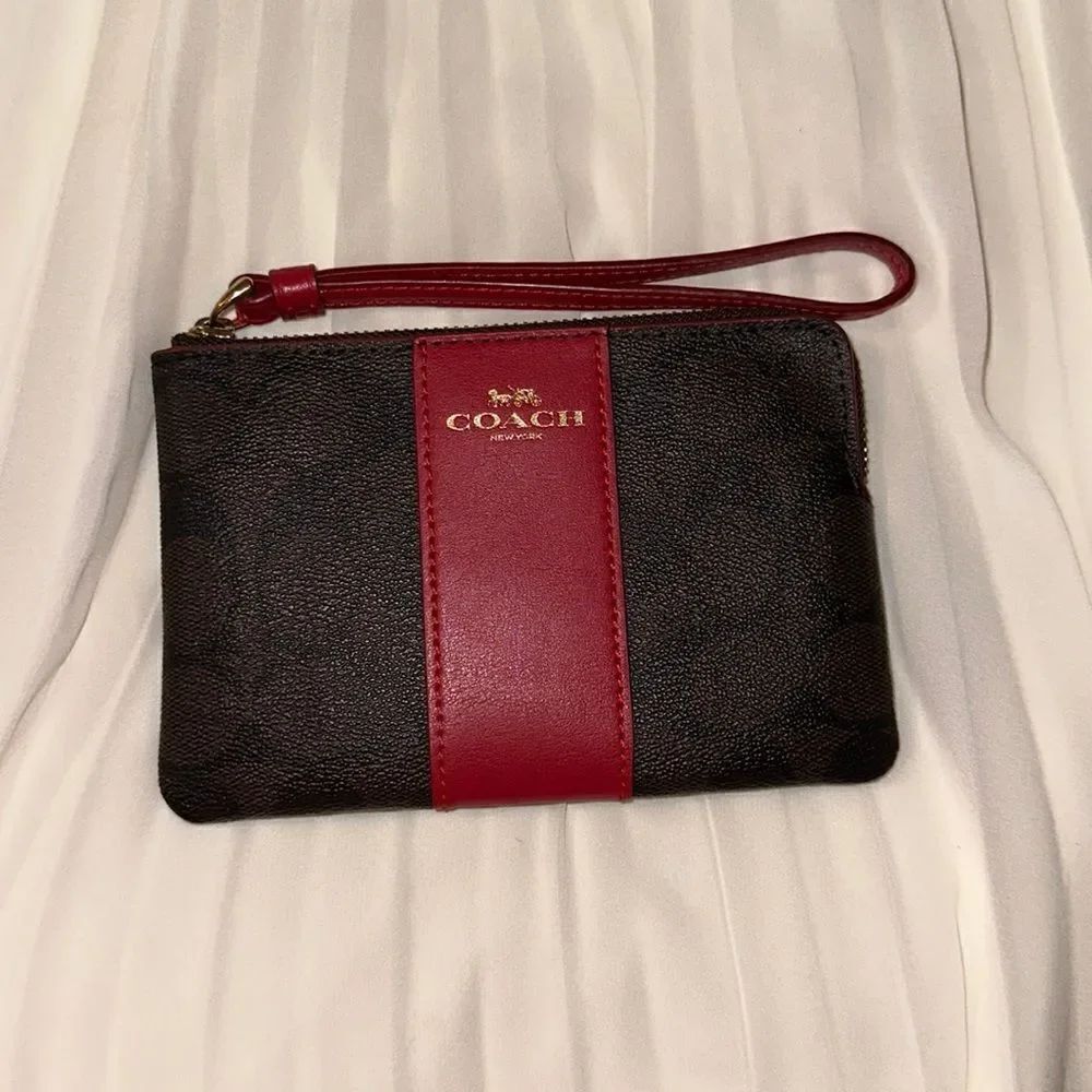 Coach Signature Faux Leather C Logo Mini Wristlet Wallet Brown Red Stipe